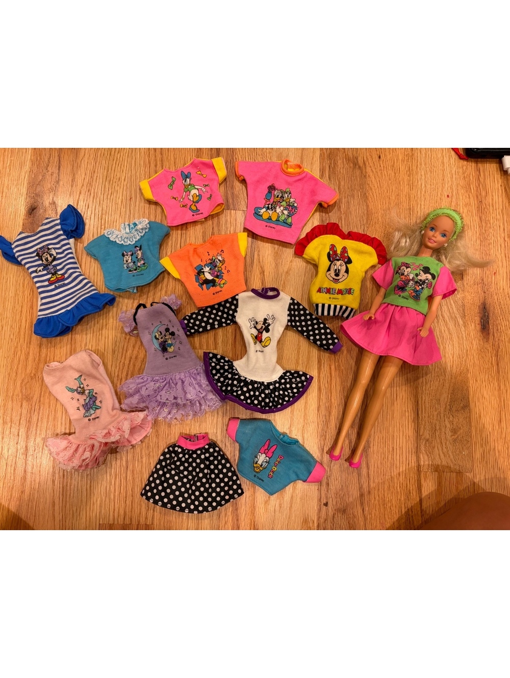 Vintage 90s Barbie Disney Clothes Lot Mickey Minnie Daisy Donald + Doll